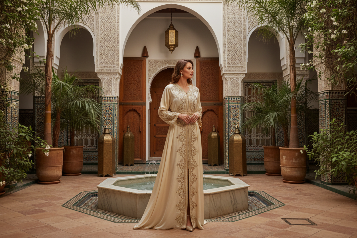 femme caftan beige luxueux dans un hotel marocain sublime